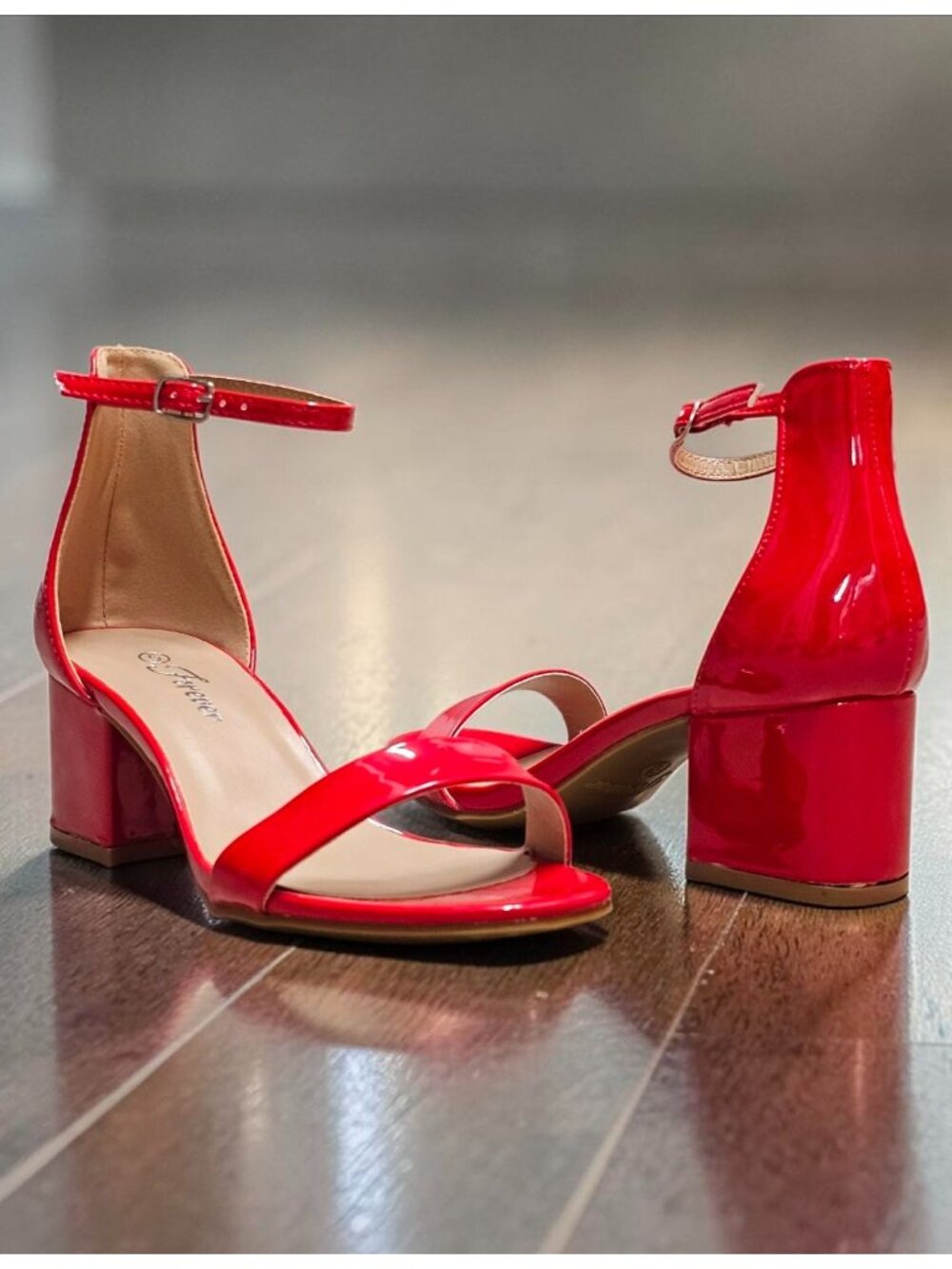 Red Patent Block Heel Sandals With Ankle Strap - Womens Dress Shoes
